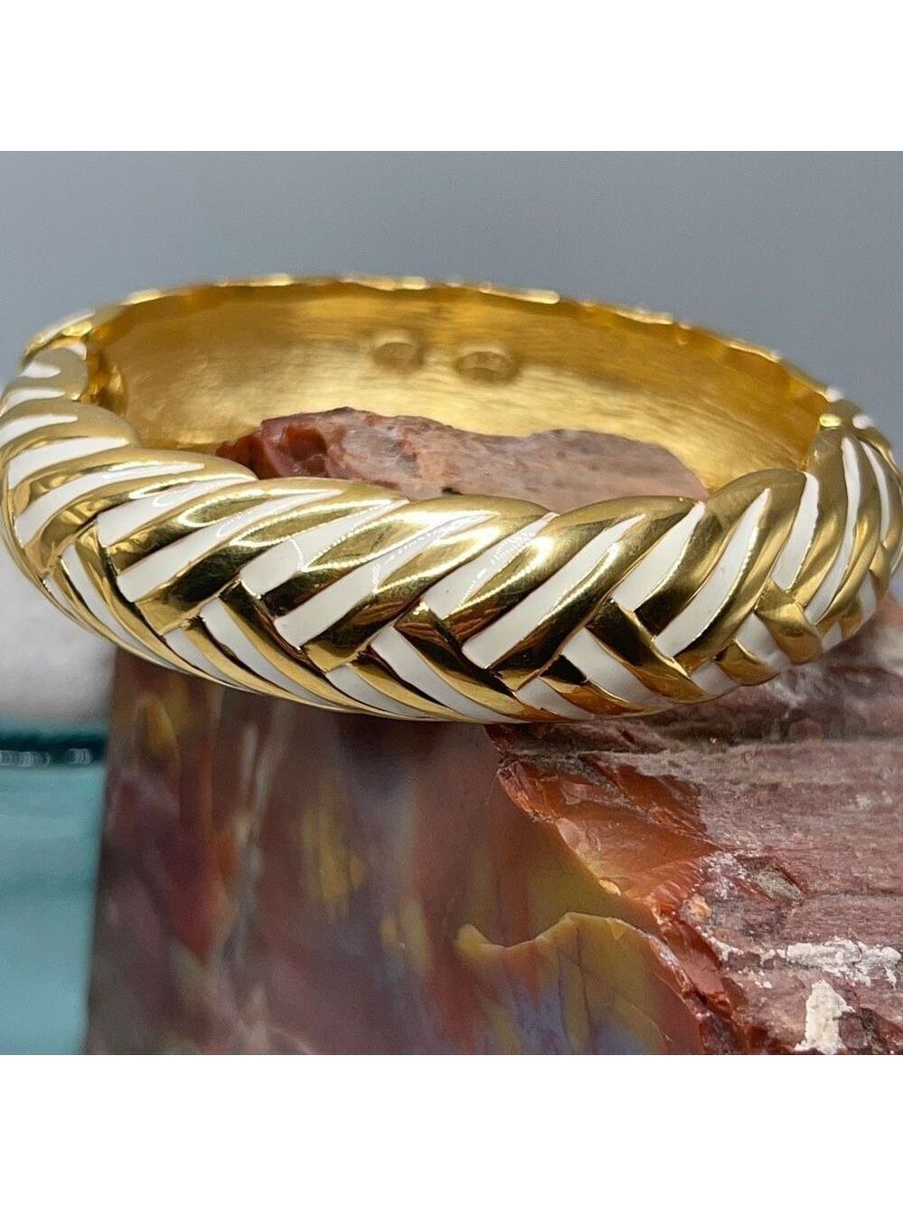 Kenneth Jay Lane Gold White Hinged Bangle